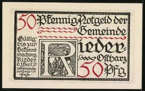 Notgeld Rieder /Ostharz 1921, 50 Pfennig, Küster unterwirft sich dem Fürsten