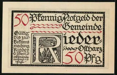 Notgeld Rieder /Ostharz 1921, 50 Pfennig, Grab von Andreas Küster