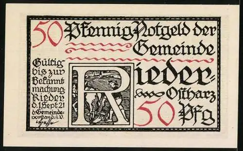 Notgeld Rieder /Ostharz 1921, 50 Pfennig, Küsters Fehdebrief