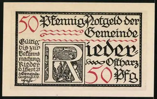 Notgeld Rieder /Ostharz 1921, 50 Pfennig, Küster bei einem Überfall