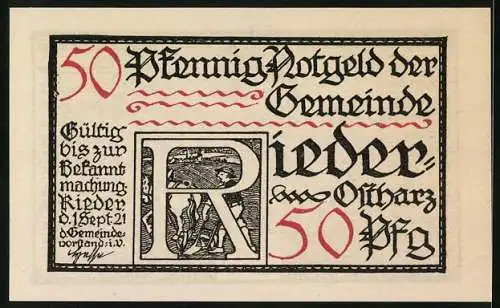 Notgeld Rieder /Ostharz 1921, 50 Pfennig, Fürst Wolfgang nimmt Küster gefangen