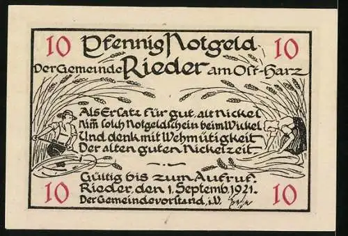 Notgeld Rieder /Ostharz 1921, 10 Pfennig, Rathaus