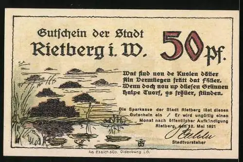 Notgeld Rietberg i. Westfalen 1921, 50 Pfennig, Schlosswälle