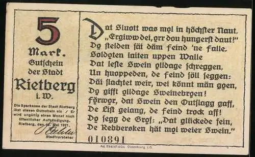 Notgeld Rietberg i. W. 1921, 5 Mark, Rettung des Schlosses Eden