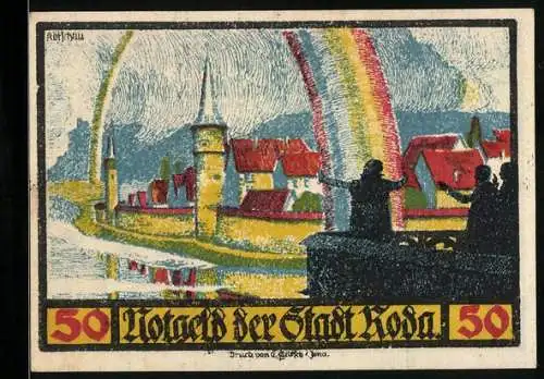 Notgeld Roda 1921, 50 Pfennig, Ortsansicht, Wappen