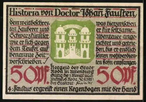 Notgeld Roda 1921, 50 Pfennig, Ortsansicht, Wappen