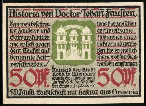 Notgeld Roda 1921, 50 Pfennig, Wappen, Faust