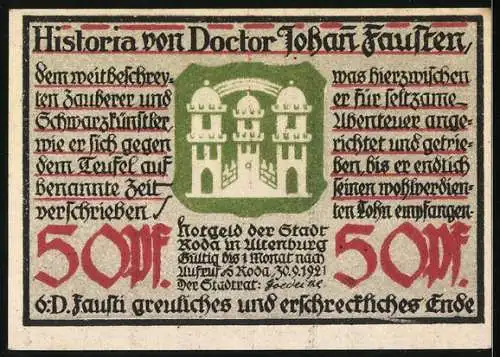 Notgeld Roda 1921, 50 Pfennig, Fausts Ende