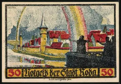 Notgeld Roda 1921, 50 Pfennig, Wappen, Faust mit Regenbogen
