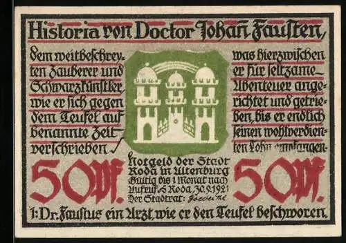 Notgeld Roda 1921, 50 Pfennig, Wappen, Faust beschwört den Teufel