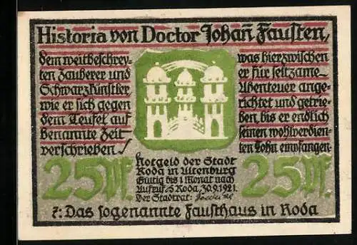 Notgeld Roda 1921, 25 Pfennig, Wappen, Fausthaus