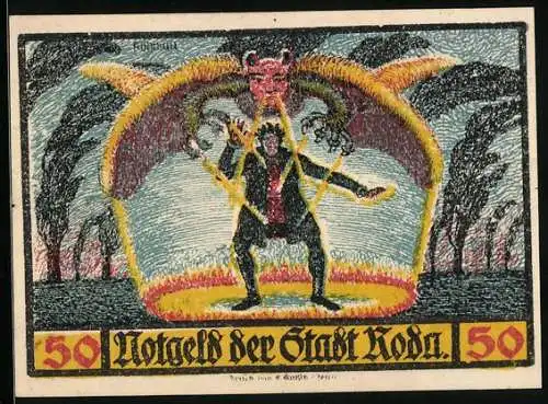 Notgeld Roda 1921, 50 Pfennig, Wappen, Faust beschwört den Teufel