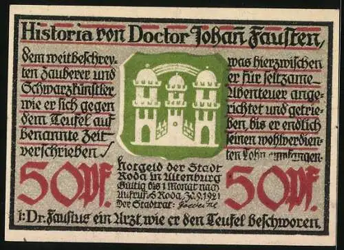Notgeld Roda 1921, 50 Pfennig, Wappen, Faust beschwört den Teufel