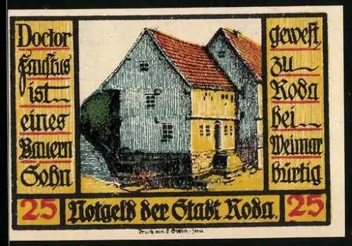 Notgeld Roda 1921, 25 Pfennig, Wappen, Fausthaus