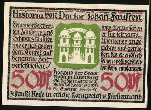 Notgeld Roda 1921, 50 Pfennig, Wappen, Fausts Reise