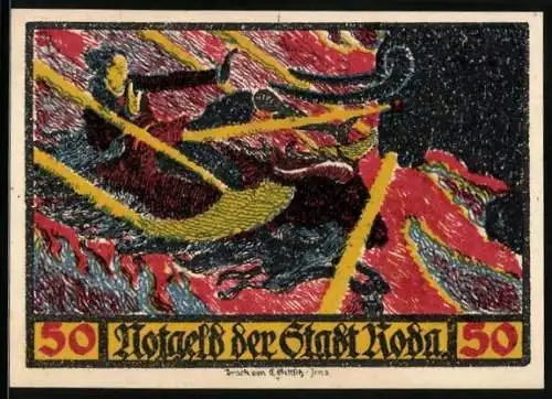Notgeld Roda 1921, 50 Pfennig, Wappen, Faust fährt in die Hölle