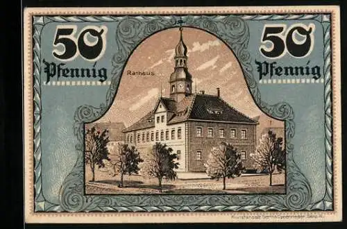 Notgeld Ronneburg /Thür. 1921, 50 Pfennig, Rathaus, Wappen