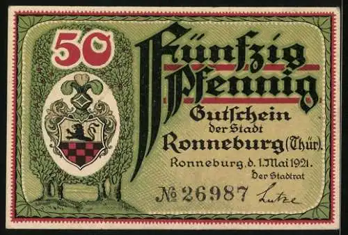 Notgeld Ronneburg /Thür. 1921, 50 Pfennig, Rathaus, Wappen