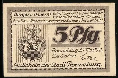 Notgeld Ronneburg 1921, 5 Pfennig, Wappen, Bismarcksäule