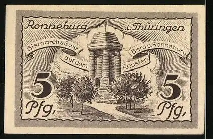 Notgeld Ronneburg 1921, 5 Pfennig, Wappen, Bismarcksäule