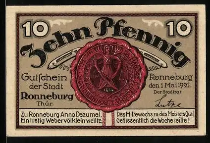 Notgeld Ronneburg /Thür. 1921, 10 Pfennig, Unteres Tor