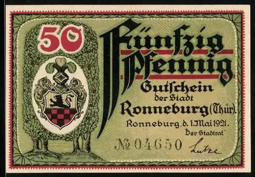Notgeld Ronneburg /Thür. 1921, 50 Pfennig, Wappen, Rathaus