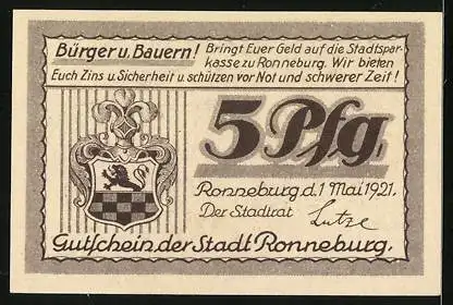 Notgeld Ronneburg i. Thüringen 1921, 5 Pfennig, Bismarcksäule