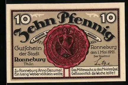 Notgeld Ronneburg /Thür. 1921, 10 Pfennig, Unteres Tor