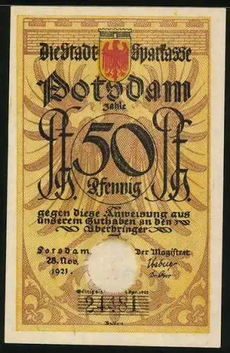 Notgeld Potsdam 1921, 50 Pfennig, Strippenjunge beritten mit Säbel