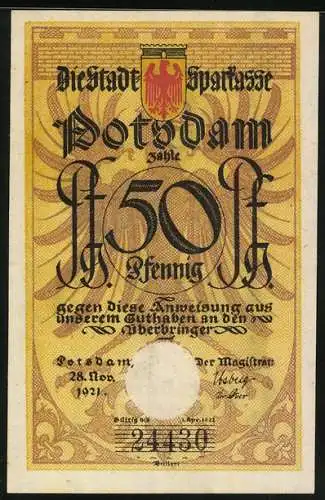 Notgeld Potsdam 1921, 50 Pfennig, Berittener Soldat mit Degen