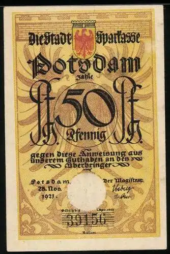 Notgeld Potsdam 1921, 50 Pfennig, Strippenjung`s beritten mit Säbel