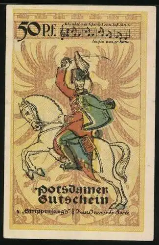 Notgeld Potsdam 1921, 50 Pfennig, Strippenjung`s beritten mit Säbel