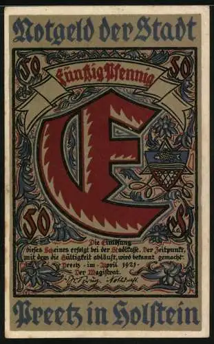 Notgeld Preetz 1921, 50 Pfennig, Strasse mit Fachwerkhäusern