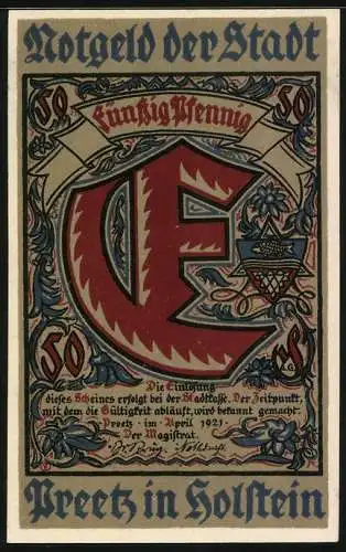 Notgeld Preetz 1921, 50 Pfennig, Strasse mit Fachwerkhäusern