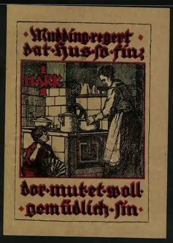 Notgeld Pries-Friedrichsort, 1 Mark, Strasse mit Kindern und Frau in der Küche