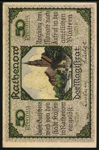 Notgeld Rathenow, 50 Pfennig, Ortspartie und Rathenower Zietenhusar mit Fernglas