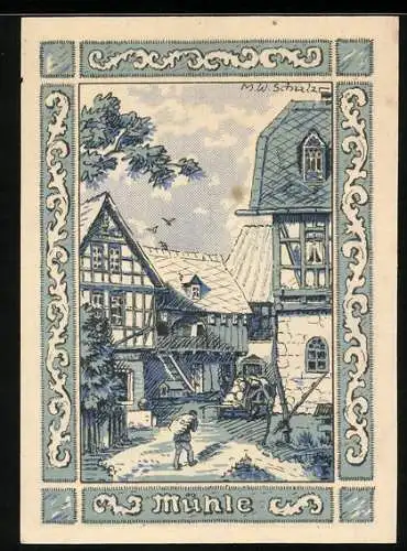 Notgeld Rehmen 1921, 50 Pfennig, Strassenpartie an der Mühle
