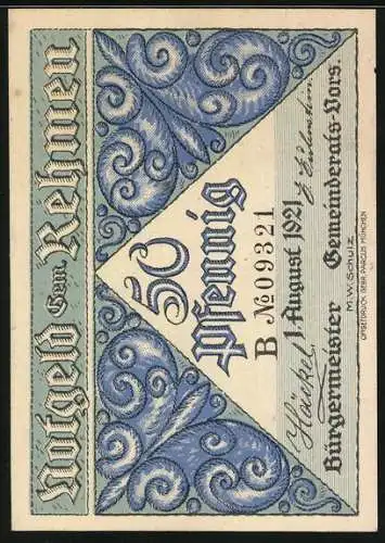 Notgeld Rehmen 1921, 50 Pfennig, Strassenpartie an der Mühle