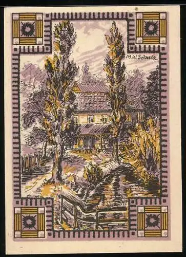 Notgeld Rehmen 1921, 50 Pfennig, Strassenpartie am Ufer