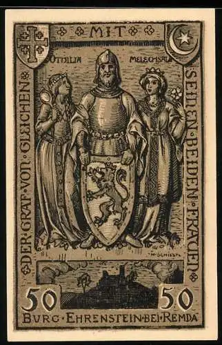 Notgeld Remda i. Thür 1921, 50 Pfennig, Burg Ehrenstein und der Graf von Gleichen