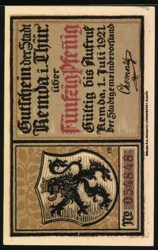 Notgeld Remda i. Thür 1921, 50 Pfennig, Burg Ehrenstein und der Graf von Gleichen