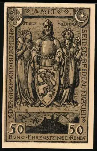 Notgeld Remda i. Thür 1921, 50 Pfennig, Burg Ehrenstein und der Graf von Gleichen mit seinen Frauen