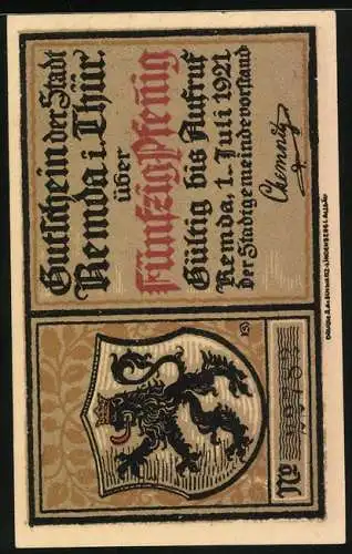 Notgeld Remda i. Thür 1921, 50 Pfennig, Burg Ehrenstein und der Graf von Gleichen mit seinen Frauen