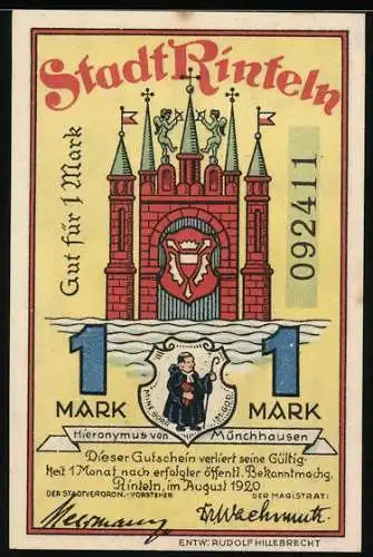 Notgeld Rinteln 1920, 1 Mark, Münchhausen im Sumpf