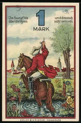 Notgeld Rinteln 1920, 1 Mark, Münchhausen zieht sich aus dem Sumpf