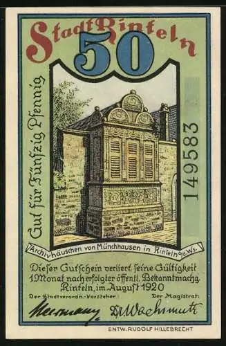 Notgeld Rinteln 1920, 50 Pfennig, Münchhausen auf Kanonenkugel und Archivhäuschen