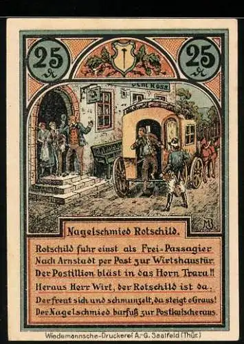 Notgeld Roda bei Ilmenau 1921, 25 Pfennig, Schöffenhaus und Nagelschmied Rotschild