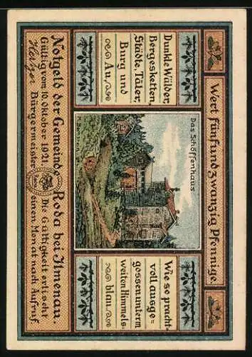 Notgeld Roda bei Ilmenau 1921, 25 Pfennig, Schöffenhaus und Nagelschmied Rotschild