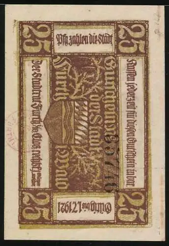 Notgeld Furth i. Wald 1921, 25 Pfennig, Ritter beim Kampf mit Drachen