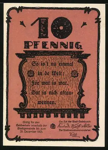 Notgeld Gadebusch 1921, 10 Pfennig, Ortspartie mit Kirchturm